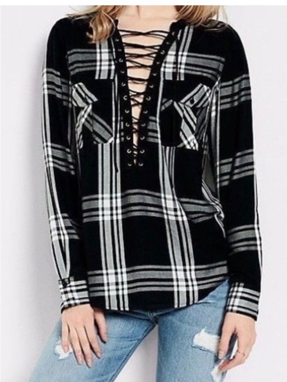 Express Lace Up Flannel Top